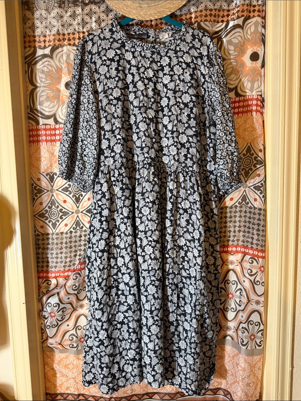 MIDI Dress - FAT FACE - Black and White India Cotton Print - SZ 16 USA
